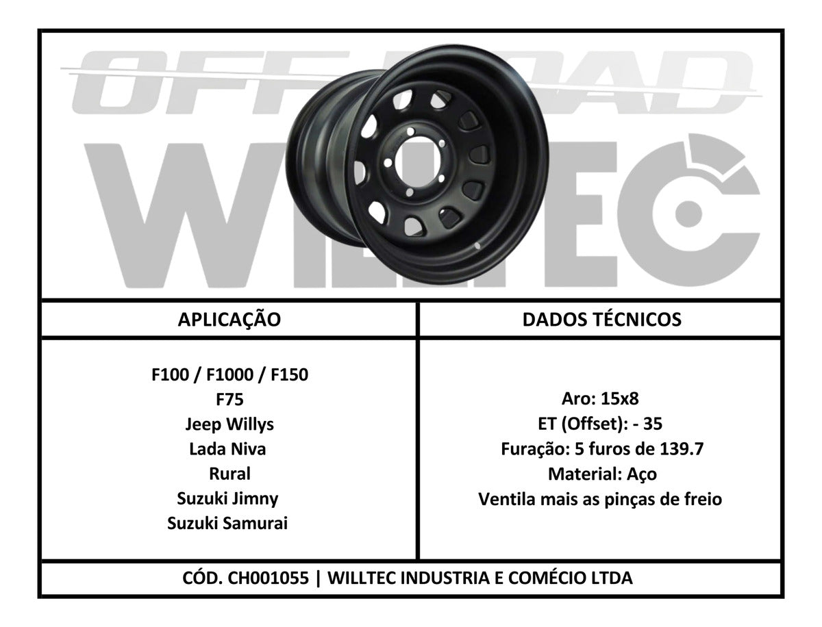 Roda Daytona Aro 15 Tala 8 Furação 5x139 Offset -35 Jeep Willys