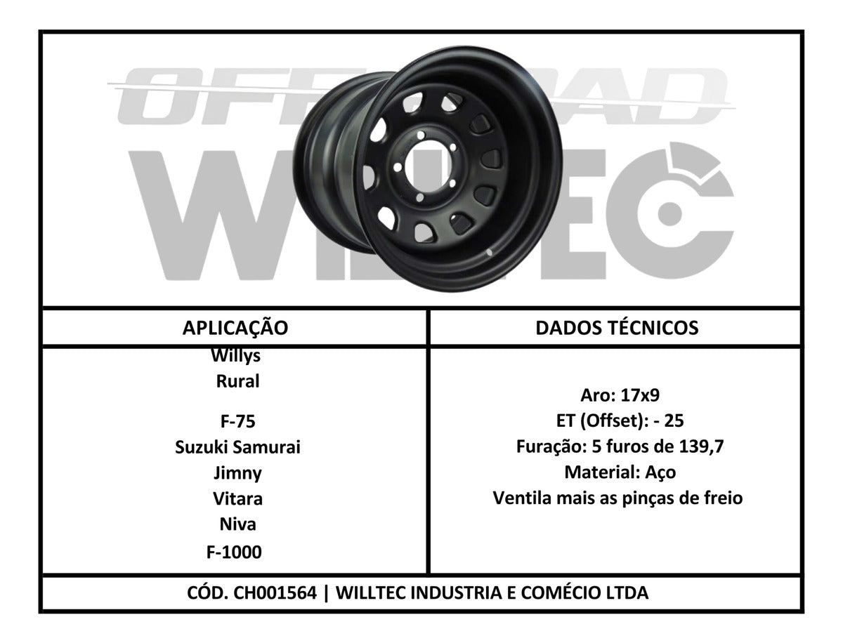Roda Daytona Aro 17 Tala 9 Furação 5x139 Offset -25 Jeep Willys até 1983