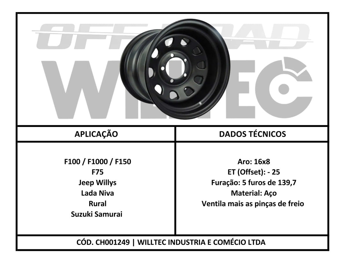 Roda Daytona Black Aro 16 Tala 8 Furação 5x139 Offset -25 Suzuki Samurai